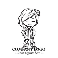 Black and White Chibi Girl Standing in Jacket, Pants, and Boots. Simple Bold Vector Illustration