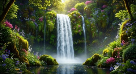 Obraz premium Enchanted Waterfall Oasis: Lush Moss, Vibrant Blooms, and Serene Waterscape