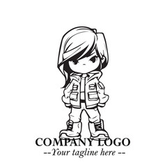Black and White Chibi Girl Standing in Jacket, Pants, and Boots. Simple Bold Vector Illustration