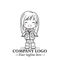 Black and White Chibi Girl Standing in Jacket, Pants, and Boots. Simple Bold Vector Illustration