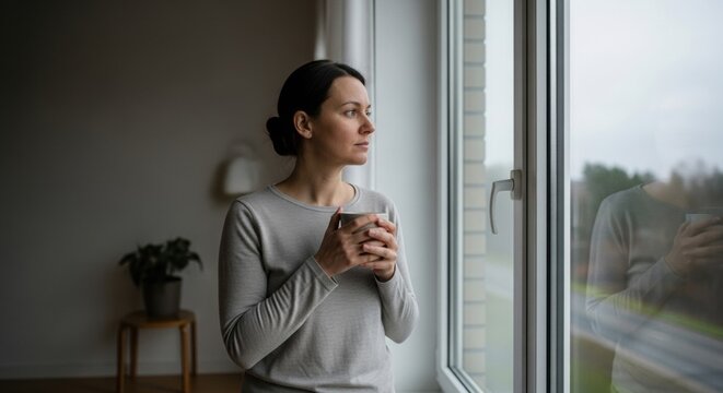 Woman holding cup looking out window in calm contemplative mood.