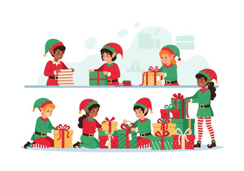 Santas elves excitedly wrapping gifts in north pole workshop, suitable for holiday cards, social media posts, and winter season designs.