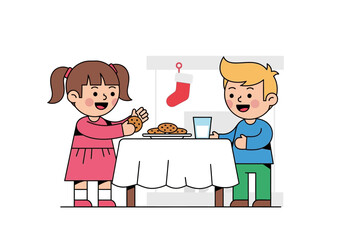 Two children with cookies, milk, and a christmas stocking decoration suitable for holiday greeting cards, advertisements, and familythemed designs.