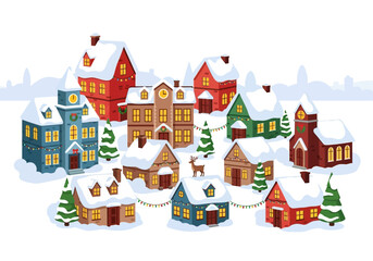 Winter village scene featuring snow covered buildings  ideal for winter season backgrounds, holiday designs, and christmasthemed projects.