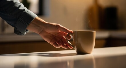 A warm hand reaching for a steaming coffee cup in soft morning light.