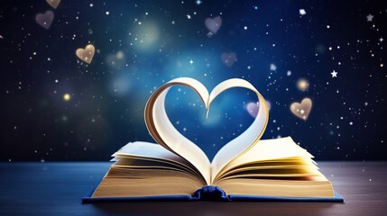 An Open Book Whose Pages Are Folded Into A Heart Shape Against A Starry Night Sky