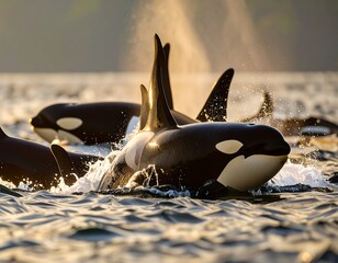 Orcas swimming at sunset