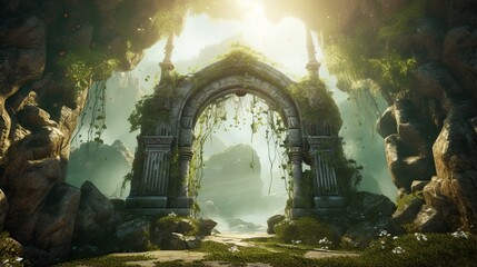 Ancient overgrown stone archway entrance to a mystical, sunlit, misty cave, symbolizing adventure and discovery