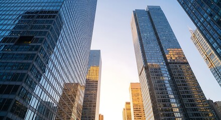 Fototapeta premium Modern glass skyscrapers reaching for the sky at sunset in a bustling city.