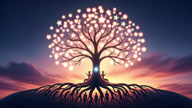 Stunning tree of life concept video with stars blossoming, symbolizing growth, connection, and heritage, perfect for inspirational and spiritual themes
