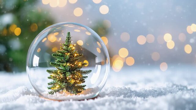 Christmas tree in glass ball on snow. Glitter lights