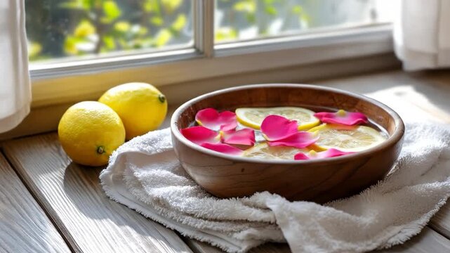 Hand dripping water into wooden bowl with lemon and rose petals spa wellness concept
