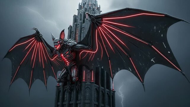 A menacing robotic bat creature perched atop a gothic tower in the storm