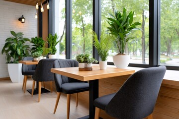 Fototapeta premium Modern cafe restaurant interior with tables chairs plants