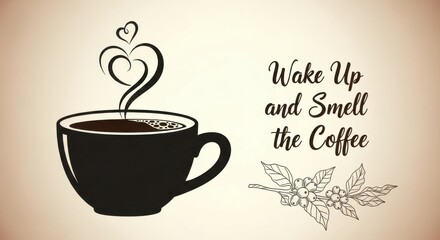 Minimalist coffee illustration featuring a cup with heart-shaped steam and coffee beans drawing,