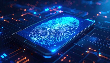 A phone displays a glowing blue fingerprint on its screen, surrounded by digital circuitry and bokeh lights