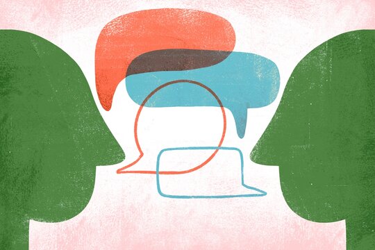 Two Heads with Overlapping Speech Bubbles &mdash; Communication Concept 