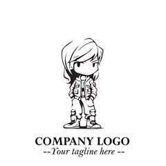 Black and White Chibi Girl Standing in Jacket, Pants, and Boots. Simple Bold Vector Illustration