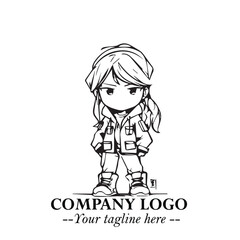 Black and White Chibi Girl Standing in Jacket, Pants, and Boots. Simple Bold Vector Illustration