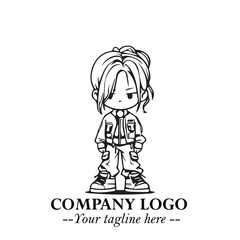 Black and White Chibi Girl Standing in Jacket, Pants, and Boots. Simple Bold Vector Illustration