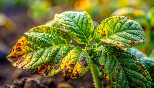 A close-up of potato leaves showing disease, with yellowing and dark spots indicating potential infection on the plant