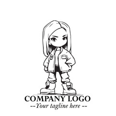 Black and White Chibi Girl Standing in Jacket, Pants, and Boots. Simple Bold Vector Illustration