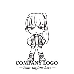 Black and White Chibi Girl Standing in Jacket, Pants, and Boots. Simple Bold Vector Illustration