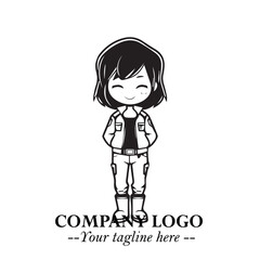 Black and White Chibi Girl Standing in Jacket, Pants, and Boots. Simple Bold Vector Illustration