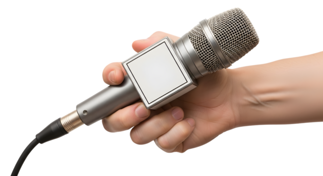 Hand holding a vintage microphone with a blank square logo isolated on transparent background