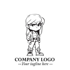 Black and White Chibi Girl Standing in Jacket, Pants, and Boots. Simple Bold Vector Illustration