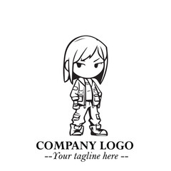 Black and White Chibi Girl Standing in Jacket, Pants, and Boots. Simple Bold Vector Illustration
