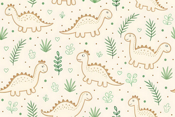 Whimsical Outline Dinosaur Pattern with Green Foliage