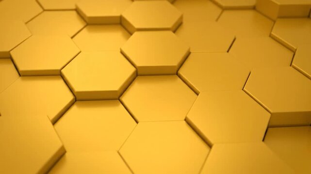 Abstract 3D rendering featuring interconnected honeycomb-like hexagonal shapes in a gold hue