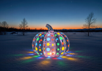Illuminated pumpkin decoration glows in winter twilight