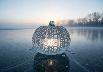 Illuminated glass sphere reflecting on frozen water