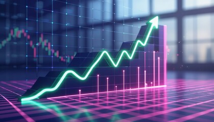 Uptrending stock market graph visualization with glowing lines and bars in a digital setting