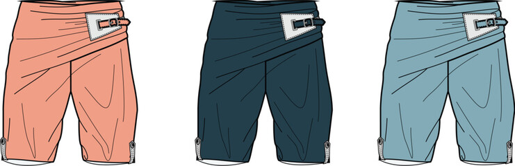 Fashionable three-quarter length shorts in coral, dark teal, and light blue with unique buckle detailing
