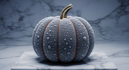 Frosted pumpkin sitting on a marble surface