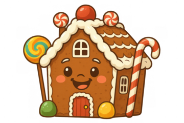 Cute gingerbread house cartoon character with candy decoration, holiday dessert, sweet winter season treat