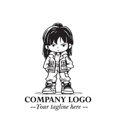 Black and White Chibi Girl Standing in Jacket, Pants, and Boots. Simple Bold Vector Illustration