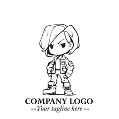 Black and White Chibi Girl Standing in Jacket, Pants, and Boots. Simple Bold Vector Illustration