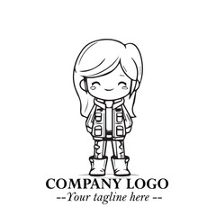 Black and White Chibi Girl Standing in Jacket, Pants, and Boots. Simple Bold Vector Illustration