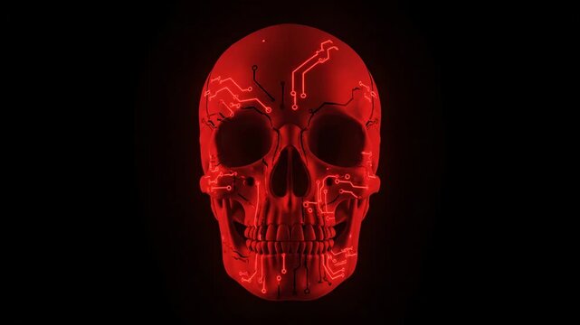 A red skull with glowing circuit patterns against a stark black background