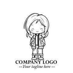 Black and White Chibi Girl Standing in Jacket, Pants, and Boots. Simple Bold Vector Illustration