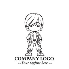 Black and White Chibi Girl Standing in Jacket, Pants, and Boots. Simple Bold Vector Illustration