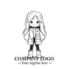 Black and White Chibi Girl Standing in Jacket, Pants, and Boots. Simple Bold Vector Illustration