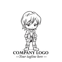 Black and White Chibi Girl Standing in Jacket, Pants, and Boots. Simple Bold Vector Illustration