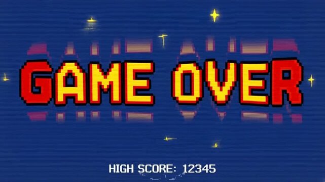 Retro video game ending screen with pixelated 'Game Over' and high score display, perfect for esports event promotion or nostalgic gamer content