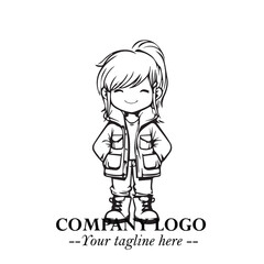 Black and White Chibi Girl Standing in Jacket, Pants, and Boots. Simple Bold Vector Illustration