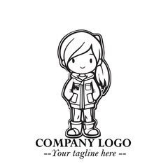 Black and White Chibi Girl Standing in Jacket, Pants, and Boots. Simple Bold Vector Illustration